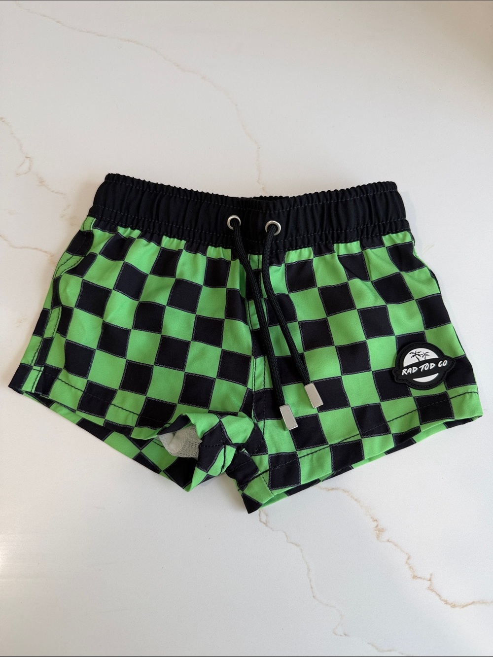 Green & Black Checker Swim Trunks for Kids